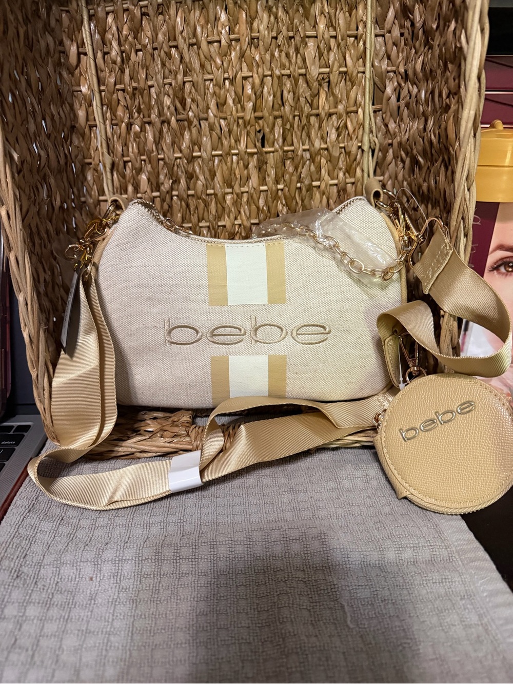bebe Beige and Tan Crossbody Bag with Coin Pouch